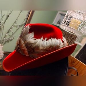 Saks Fifth Avenue lipstick red, vintage, felt tilt hat w. pheasant feather ring
